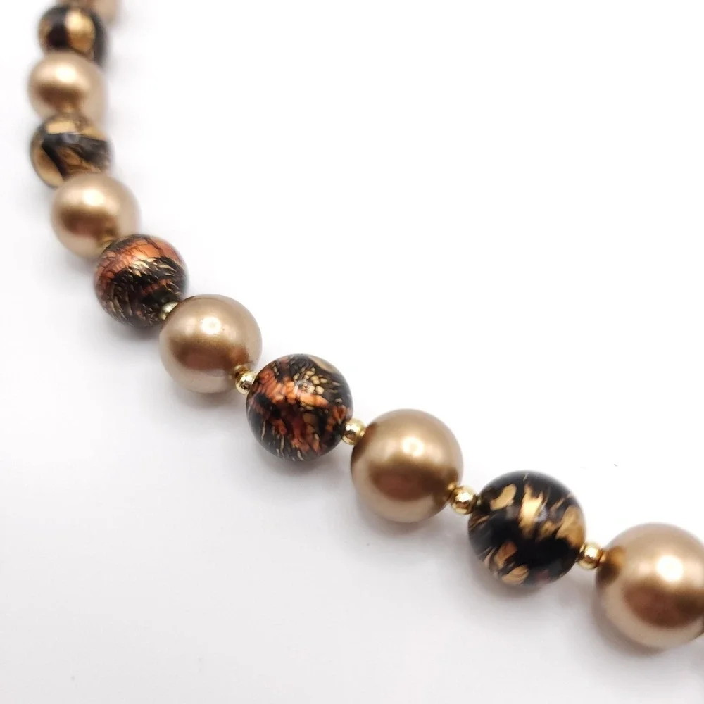Gold Tone Black Marbled‎ Lucite Beaded Necklace Vintage 30 Inch Statement Gift